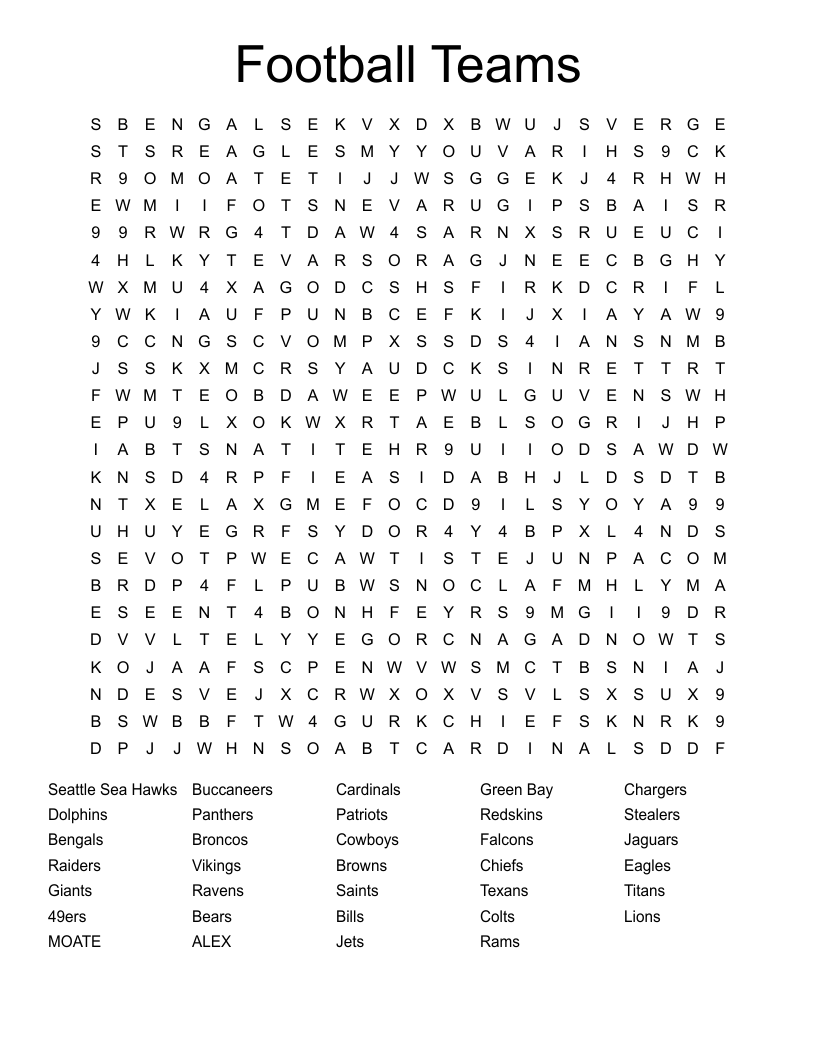 Football Teams Word Search
