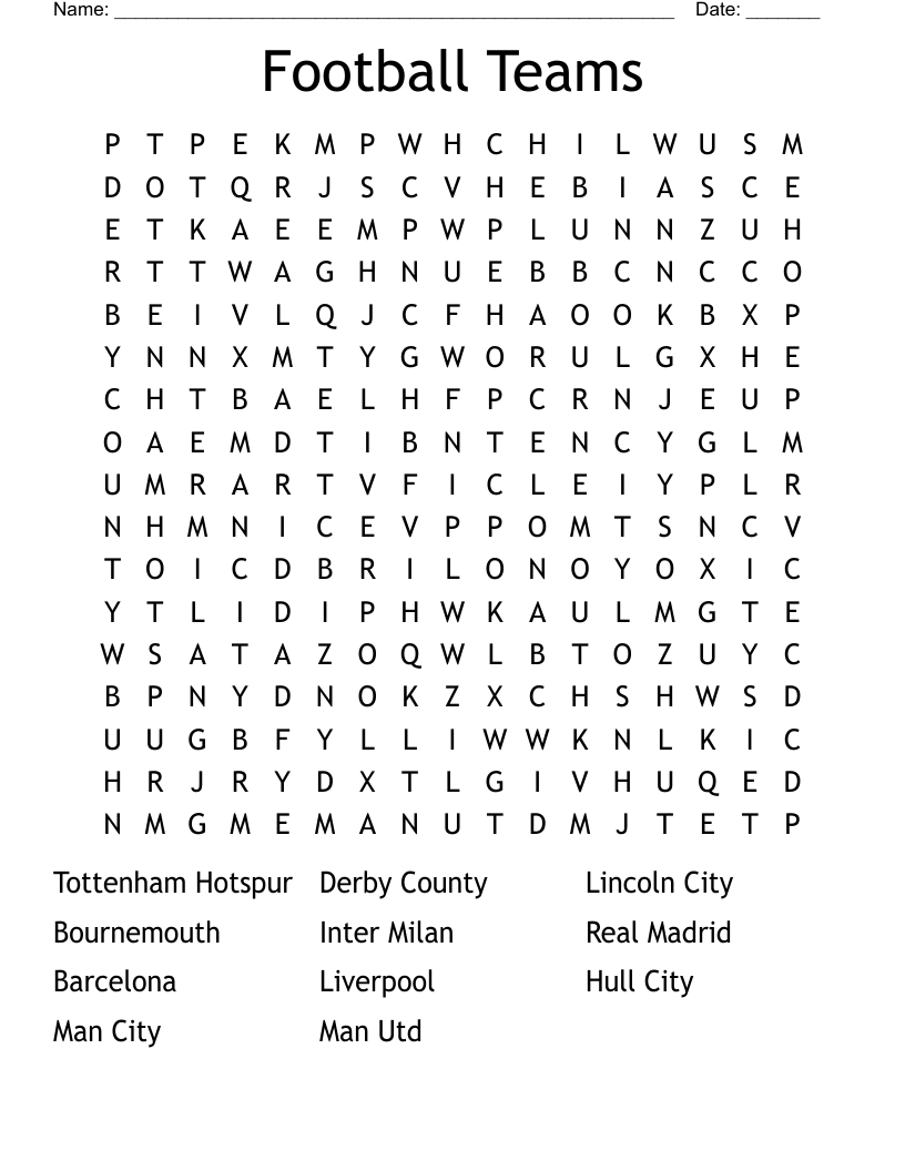 Football Teams Word Search