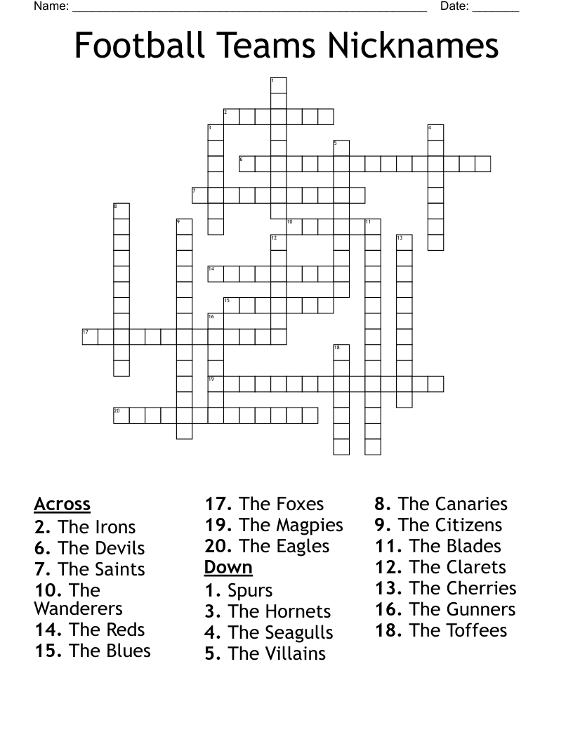Football Teams Nicknames Crossword