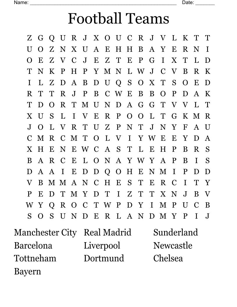 Football Teams  Word Search