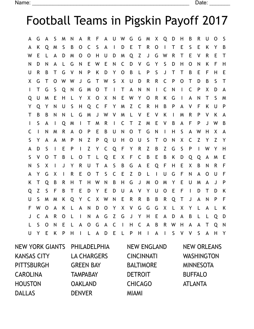Football Teams in Pigskin Payoff 2017 Word Search