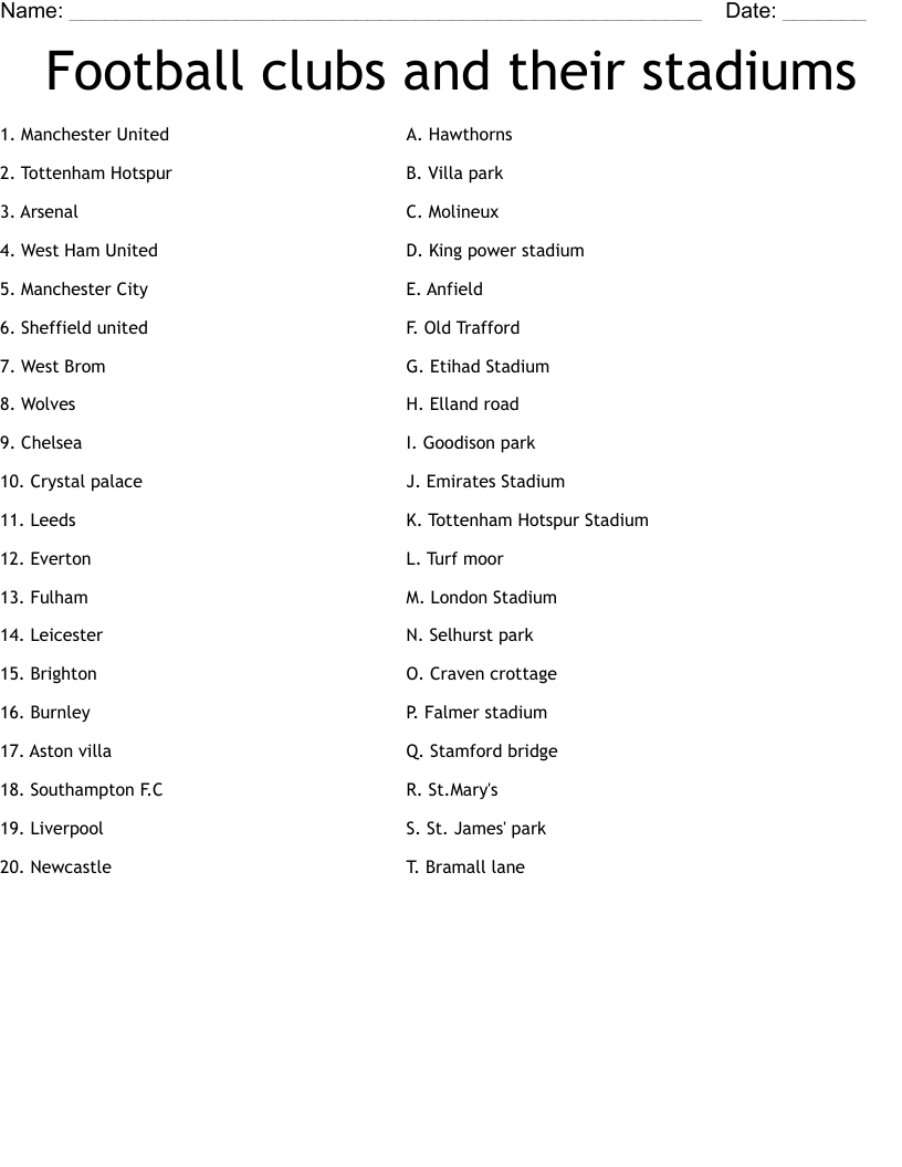 Football clubs and their stadiums Worksheet