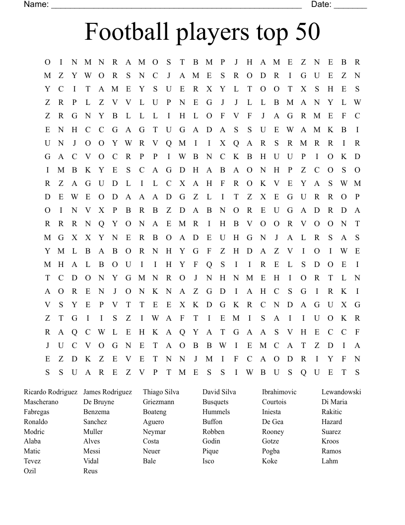 Football players top 50 Word Search
