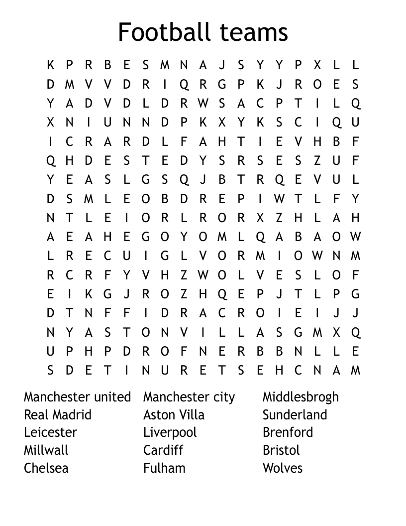 Football teams Word Search