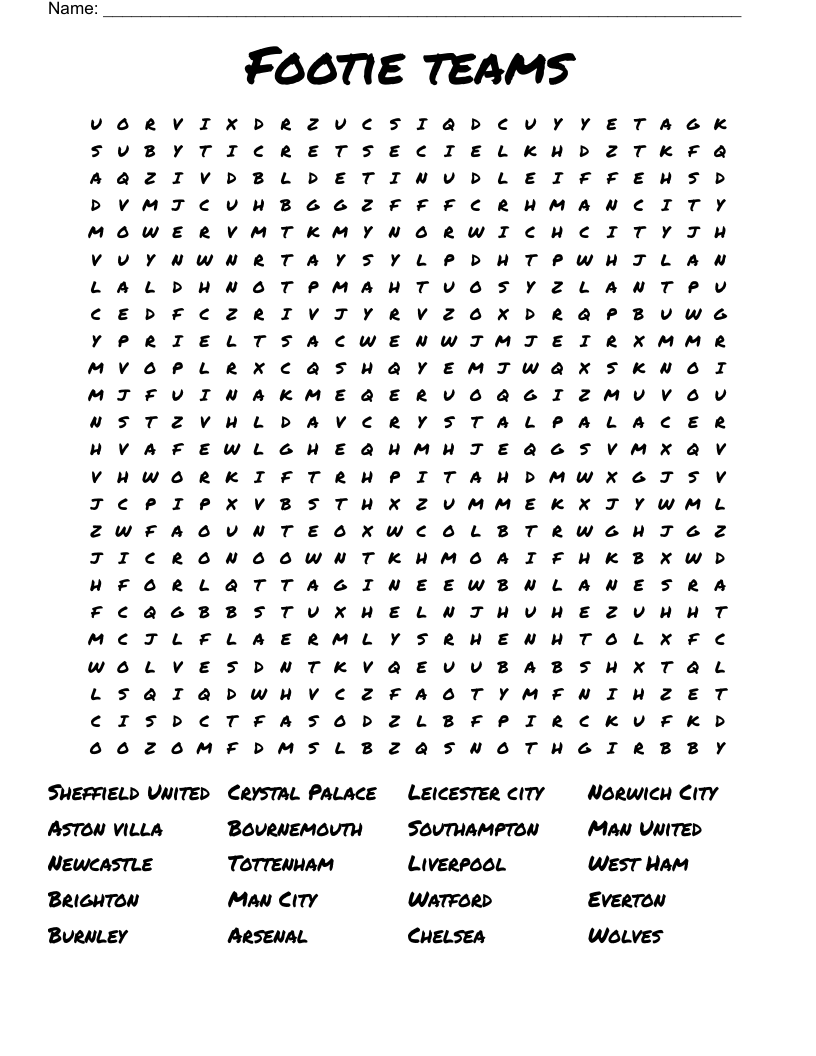 Footie teams Word Search