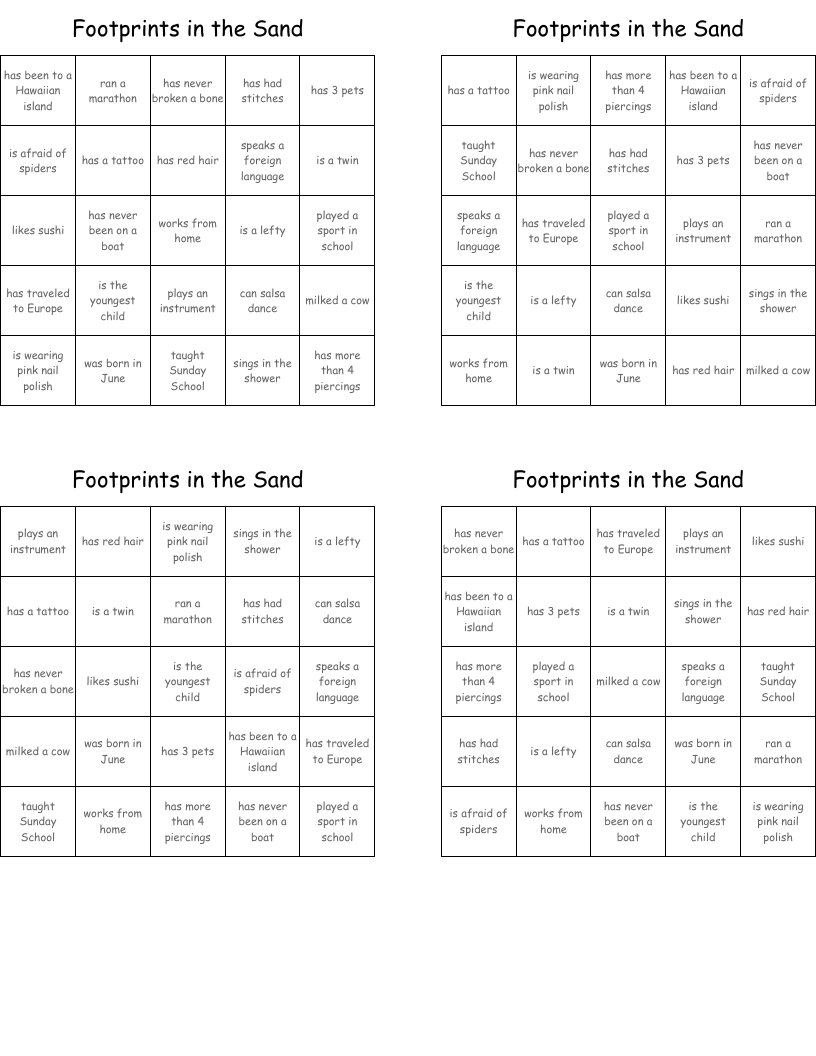 Footprints in the Sand Bingo Cards