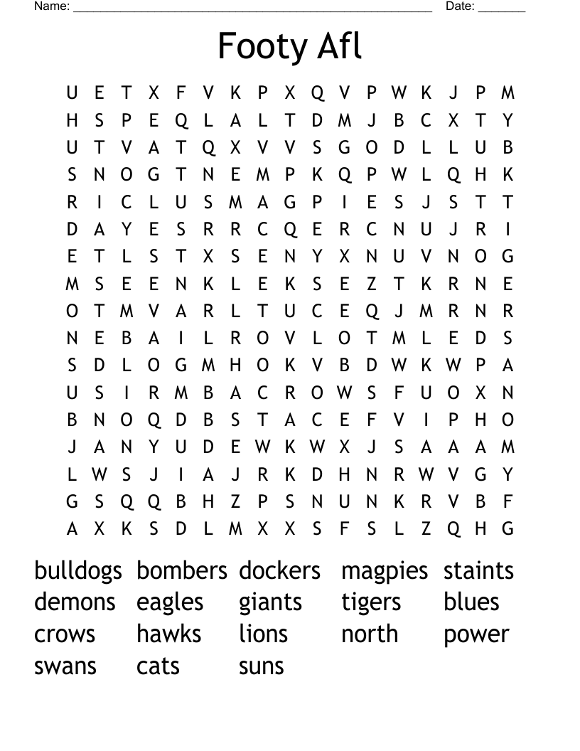 Footy Afl Word Search