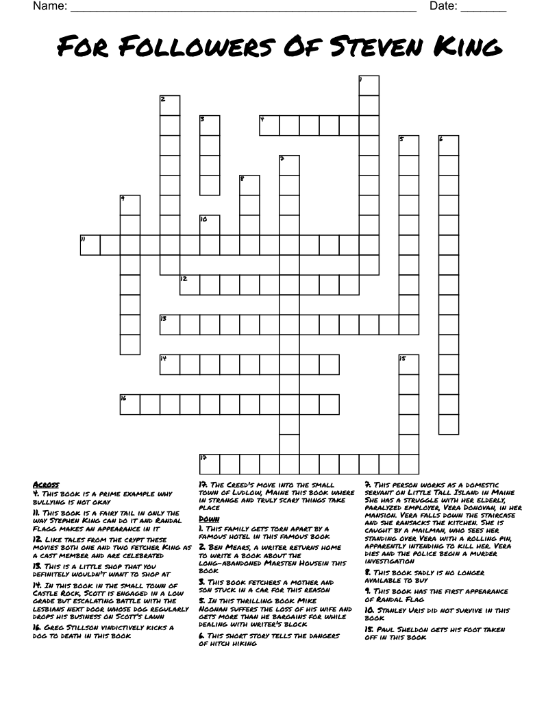 For Followers Of Steven King Crossword