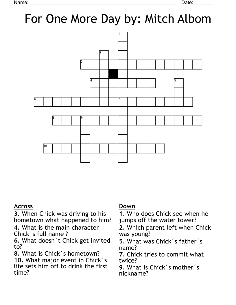 For One More Day by: Mitch Albom Crossword