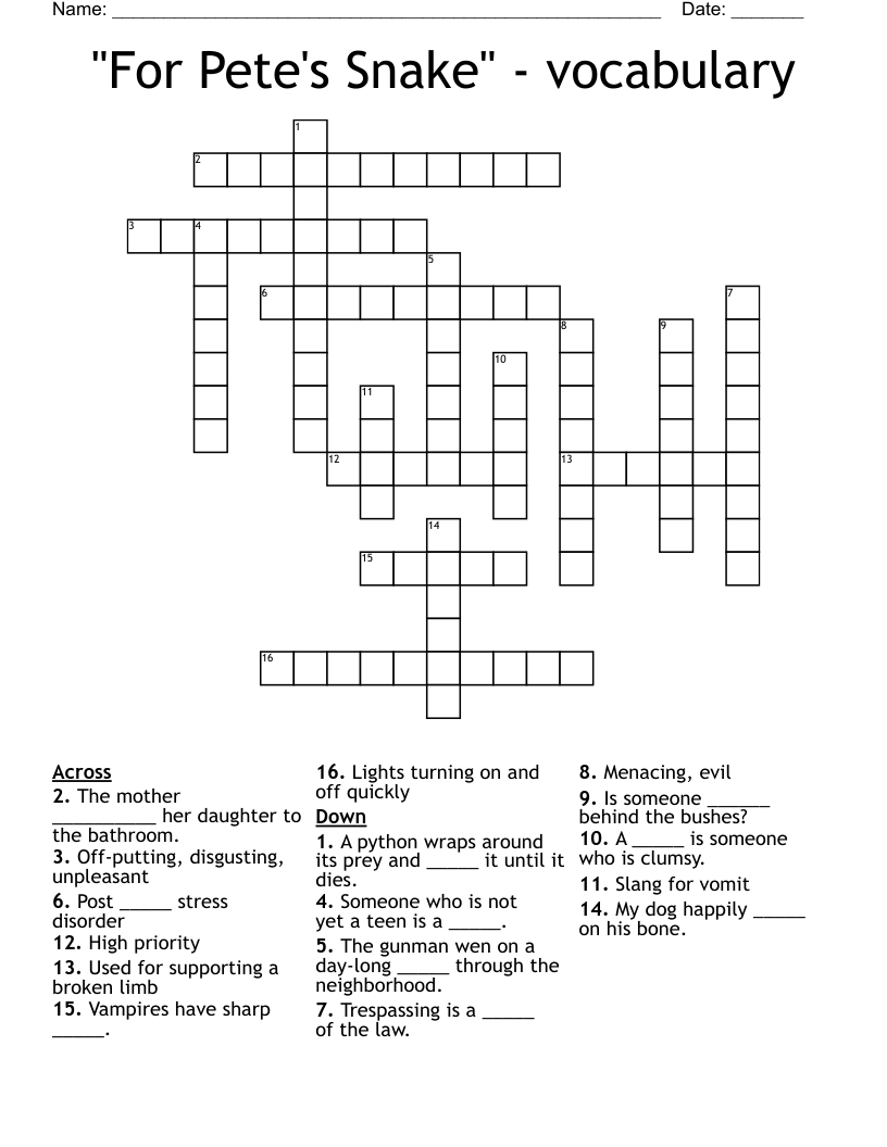 "For Pete's Snake" - vocabulary Crossword