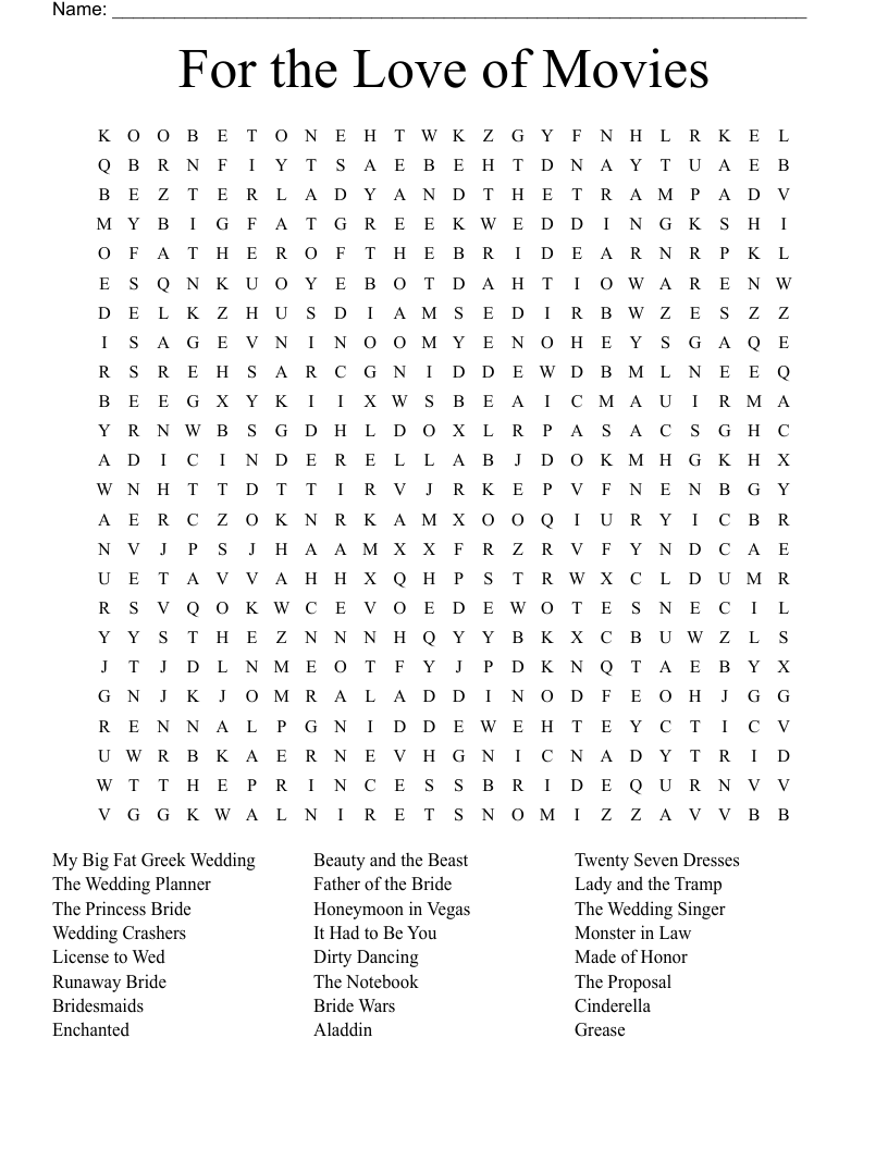 For the Love of Movies Word Search