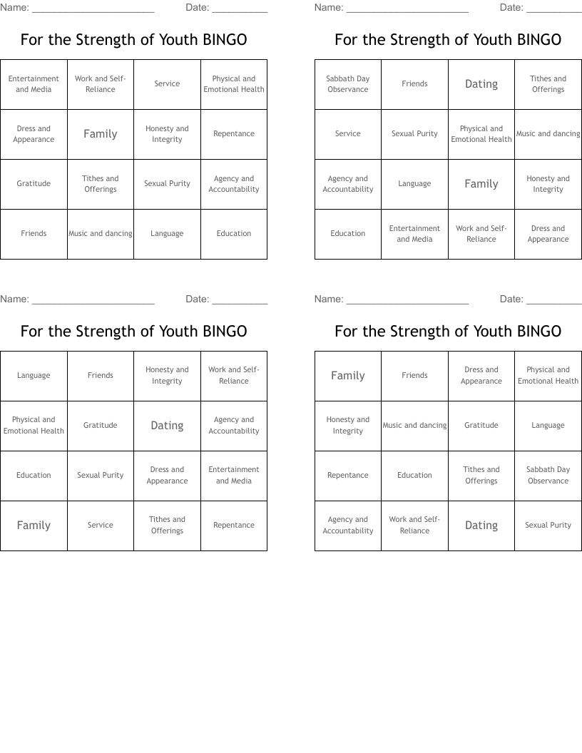For the Strength of Youth BINGO