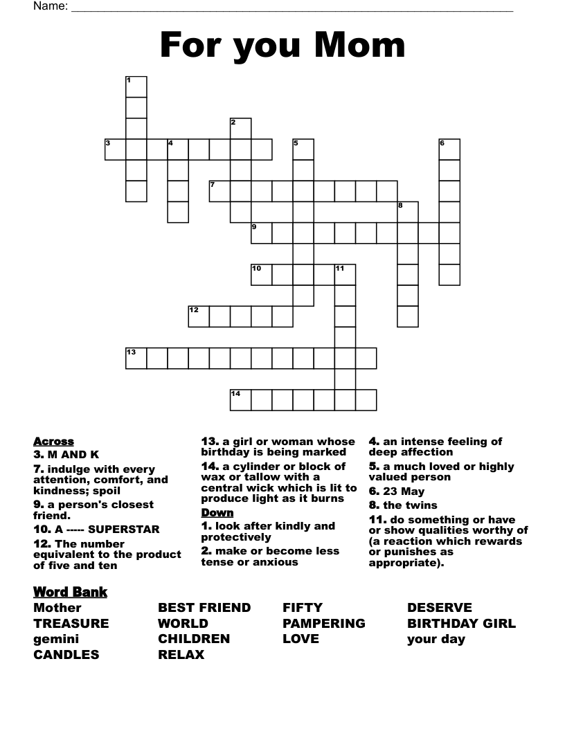 For you Mom Crossword