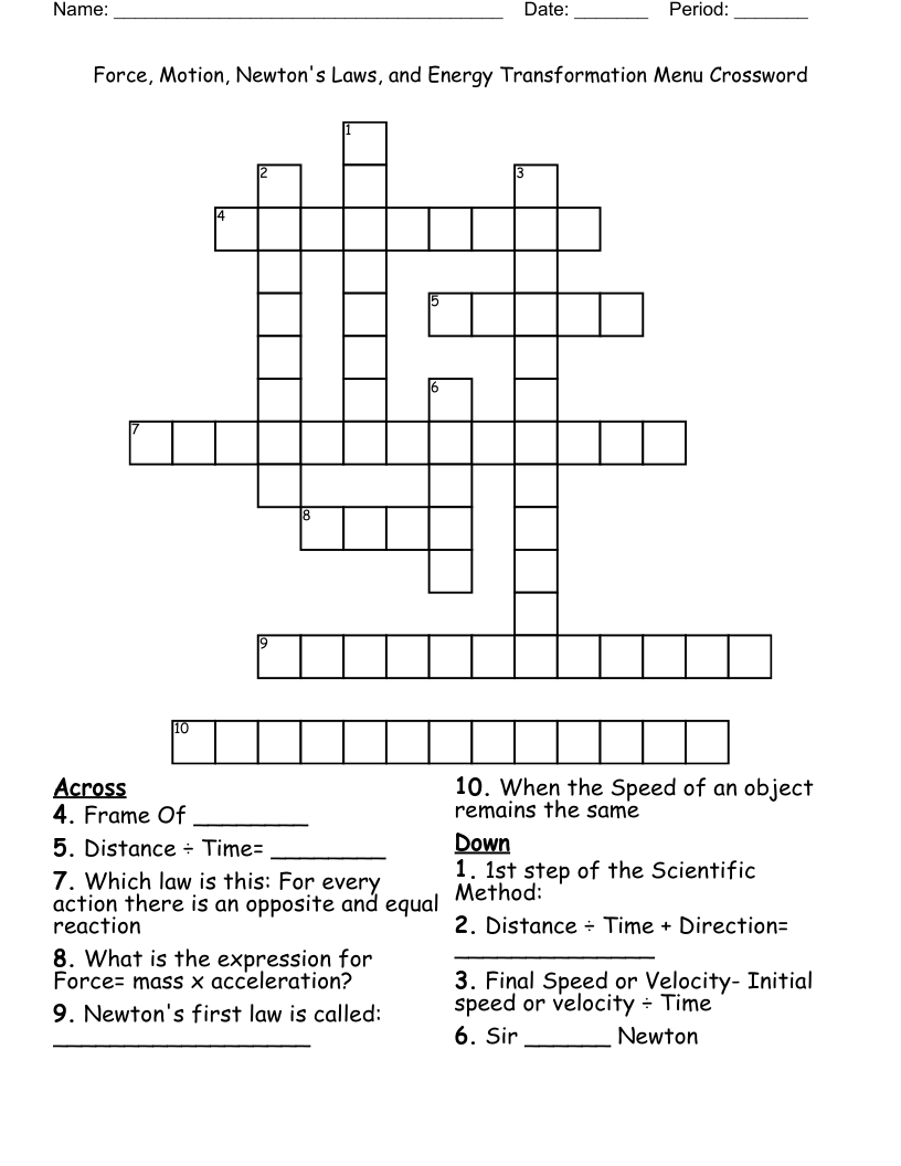 Force, Motion, Newton's Laws, and Energy Transformation Menu Crossword