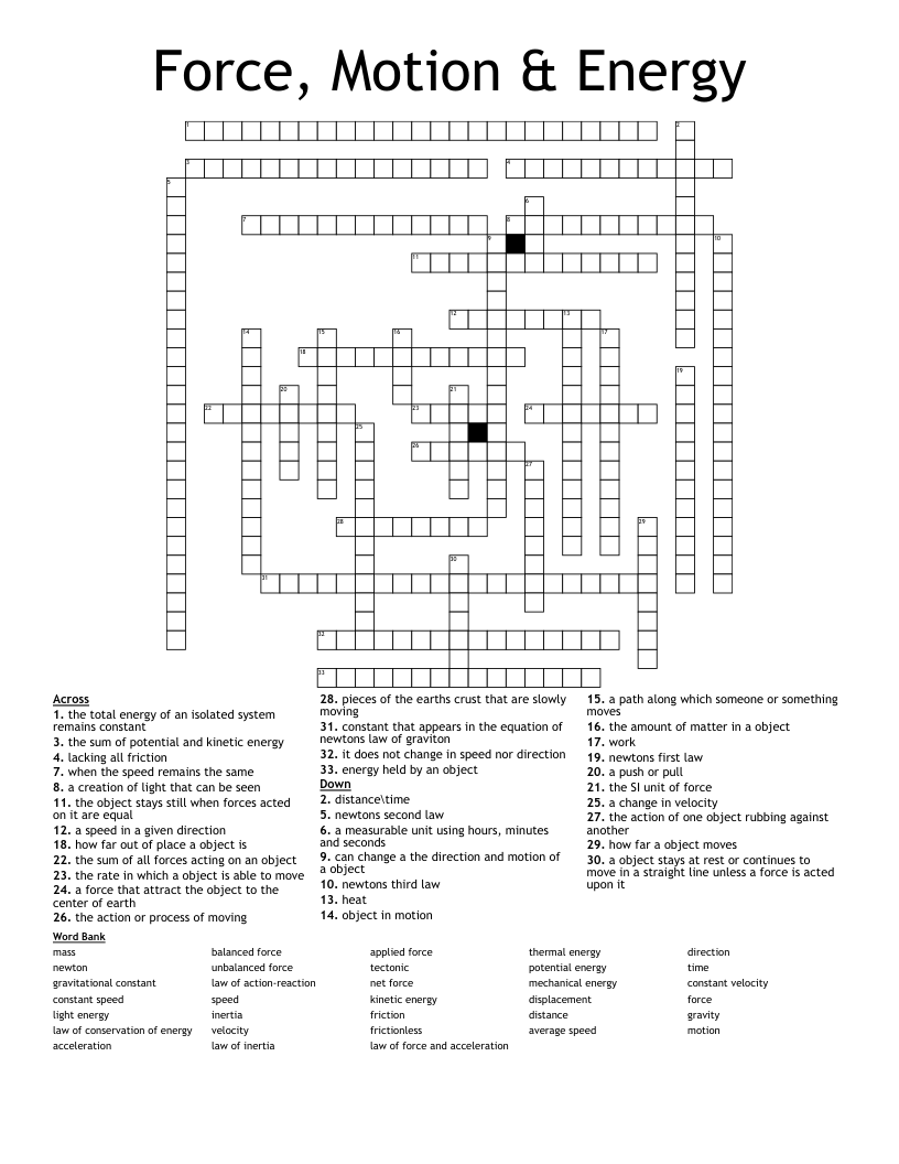 Force, Motion & Energy  Crossword