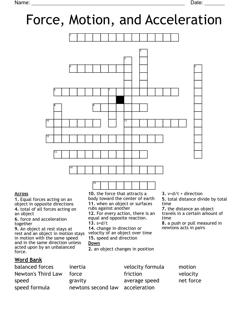 Force, Motion, and Acceleration Crossword