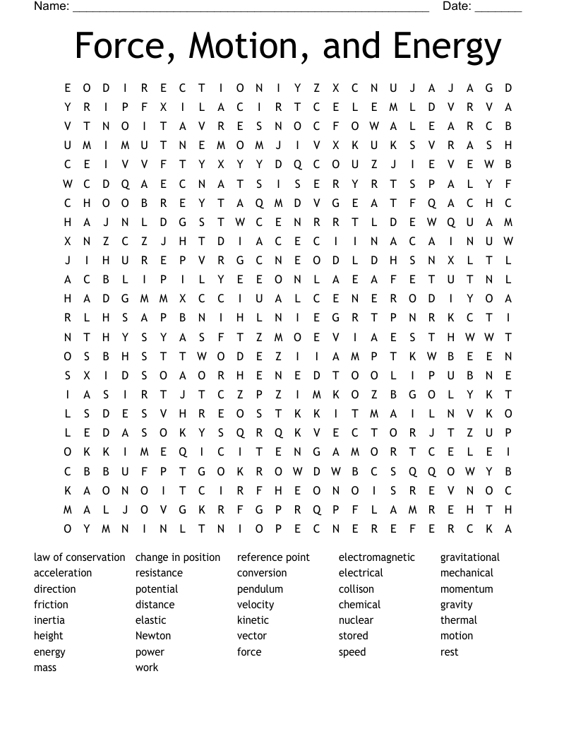 Force, Motion, and Energy Word Search