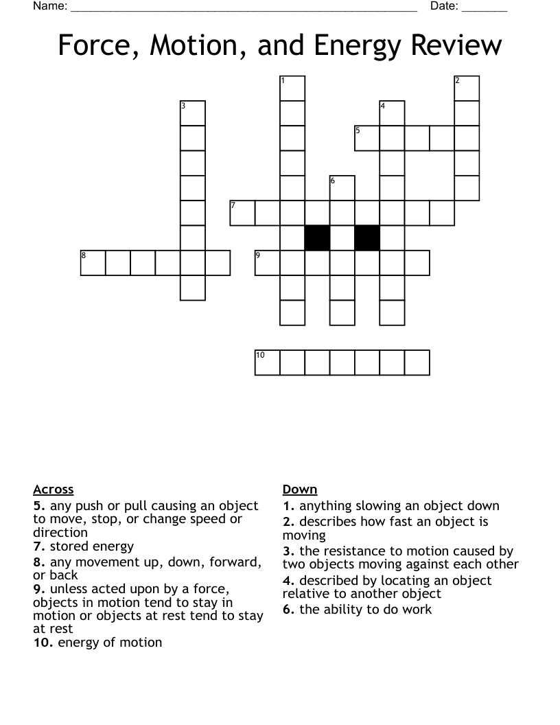 Force, Motion, and Energy Review Crossword