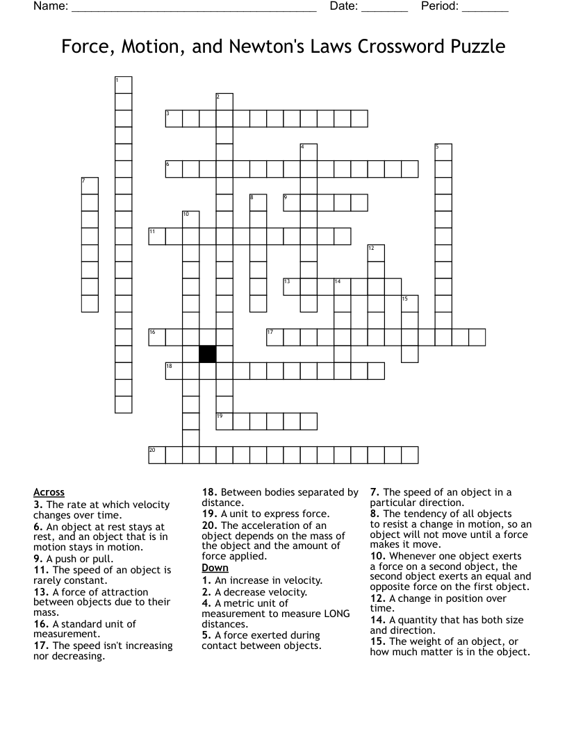 Force, Motion, and Newton's Laws Crossword Puzzle 