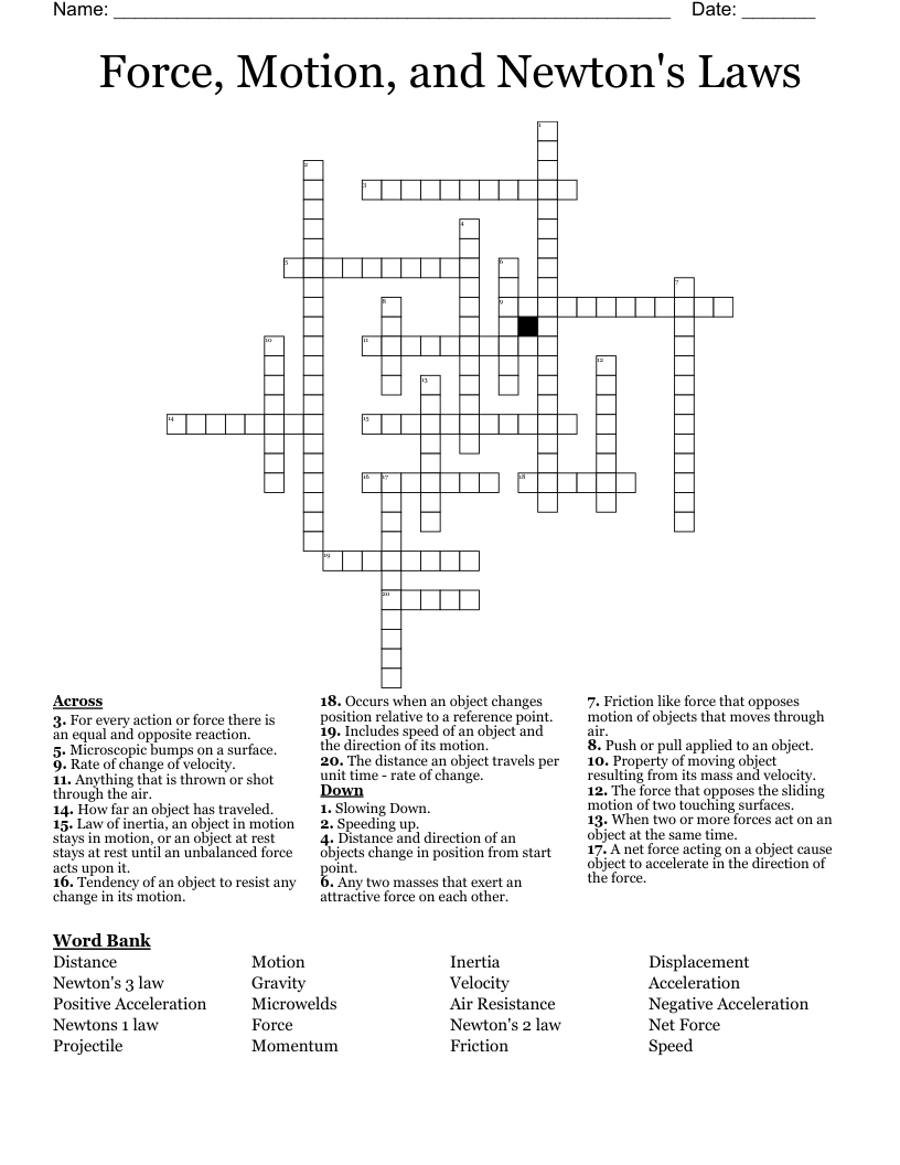 Force, Motion, and Newton's Laws  Crossword