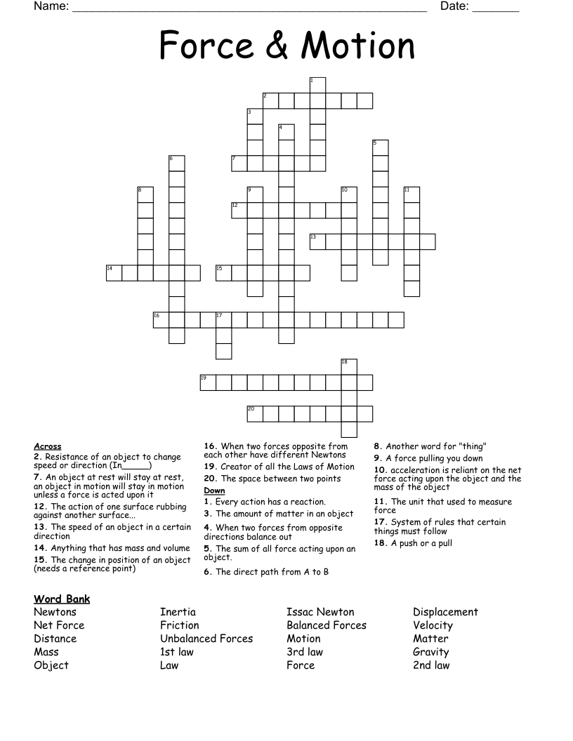 Force & Motion Crossword