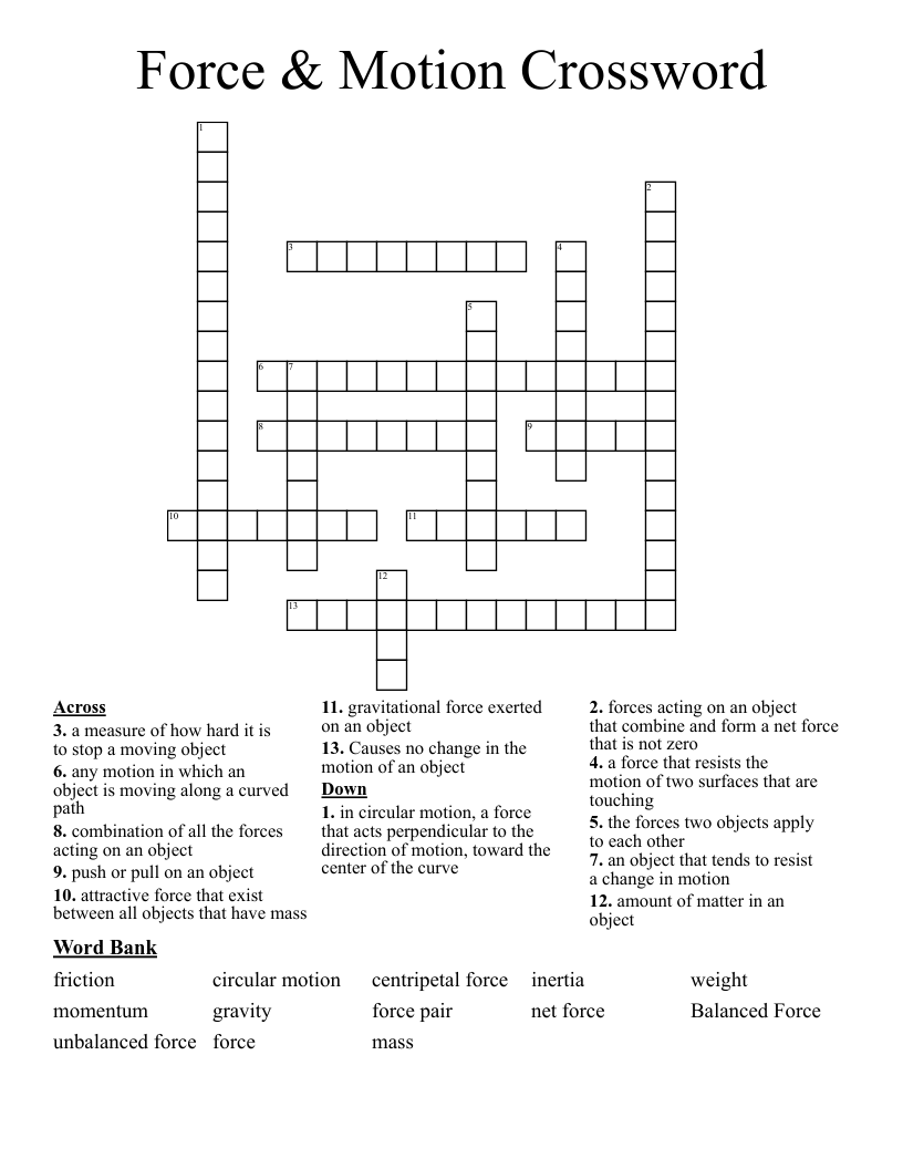 Force & Motion Crossword