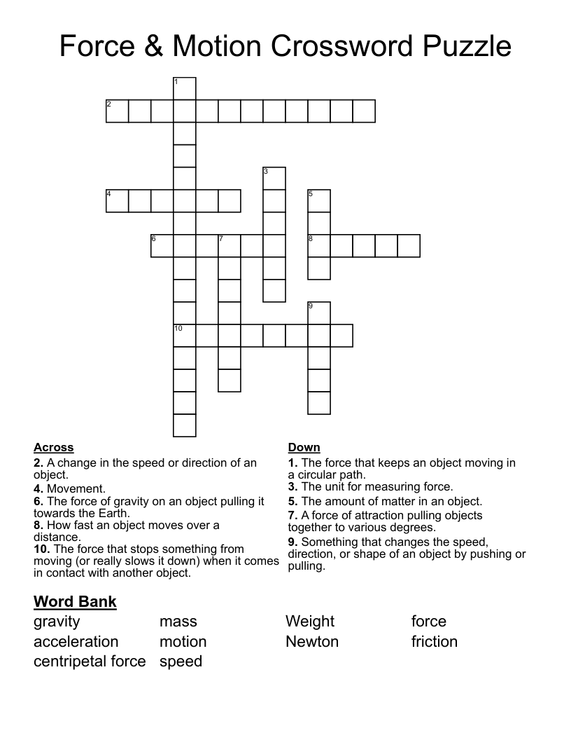 Force & Motion Crossword Puzzle