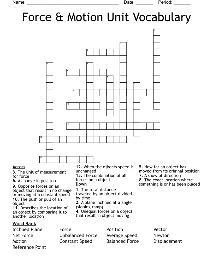 Force & Motion Unit Vocabulary Crossword