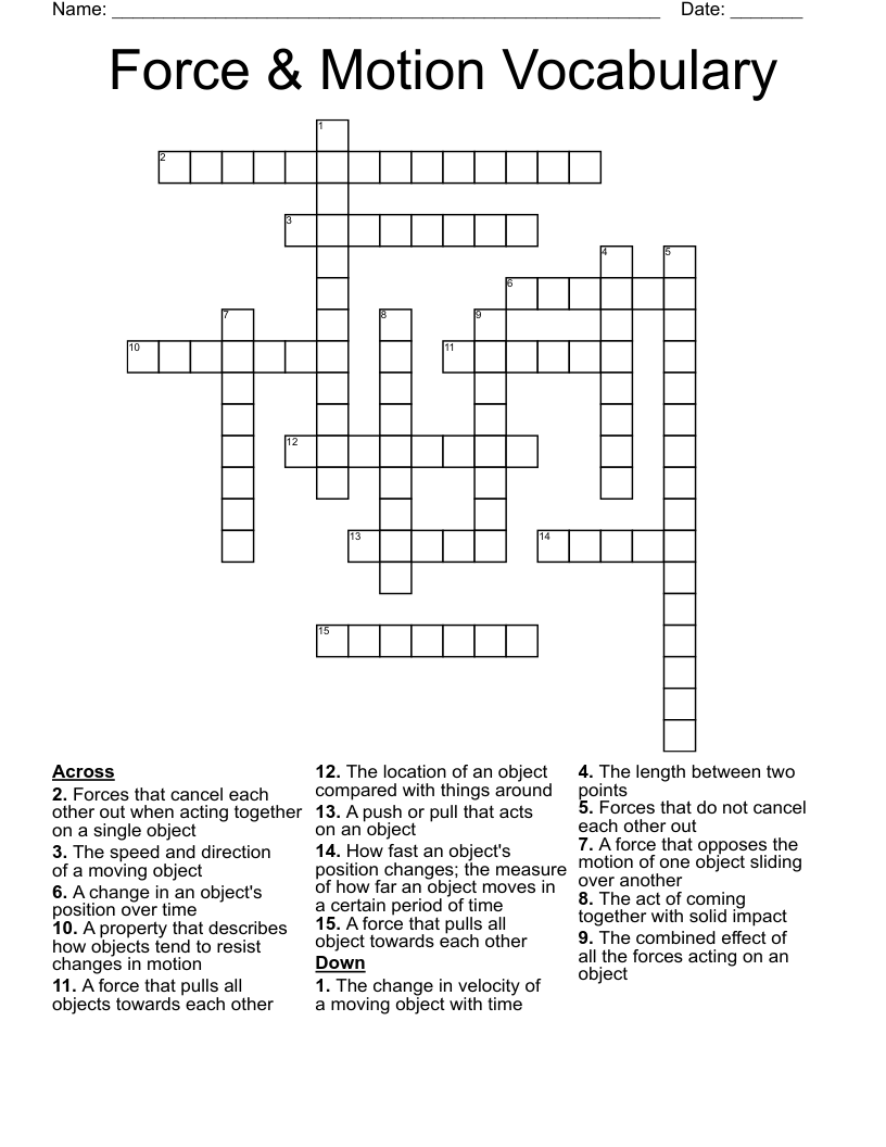 Force & Motion Vocabulary Crossword