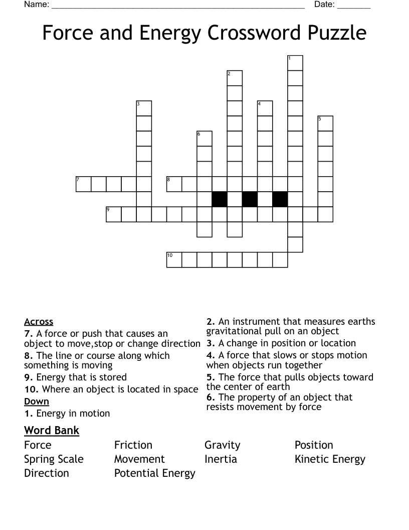 Force and Energy Crossword Puzzle