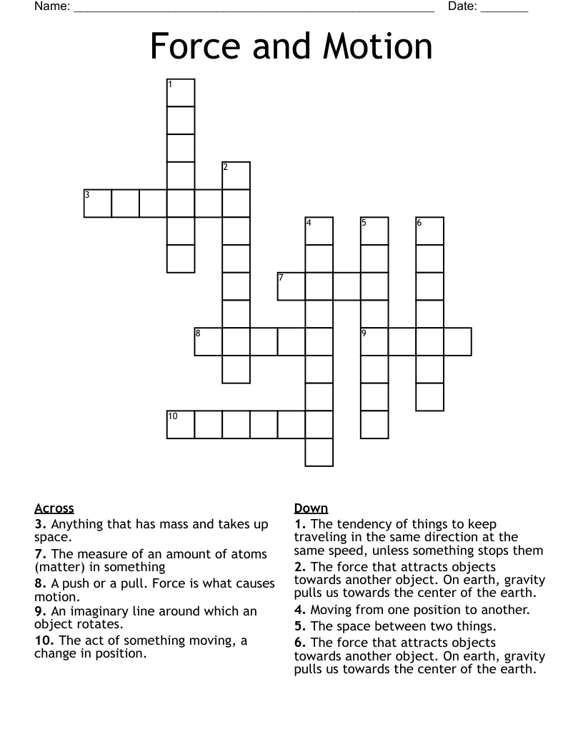 Force and Motion Crossword