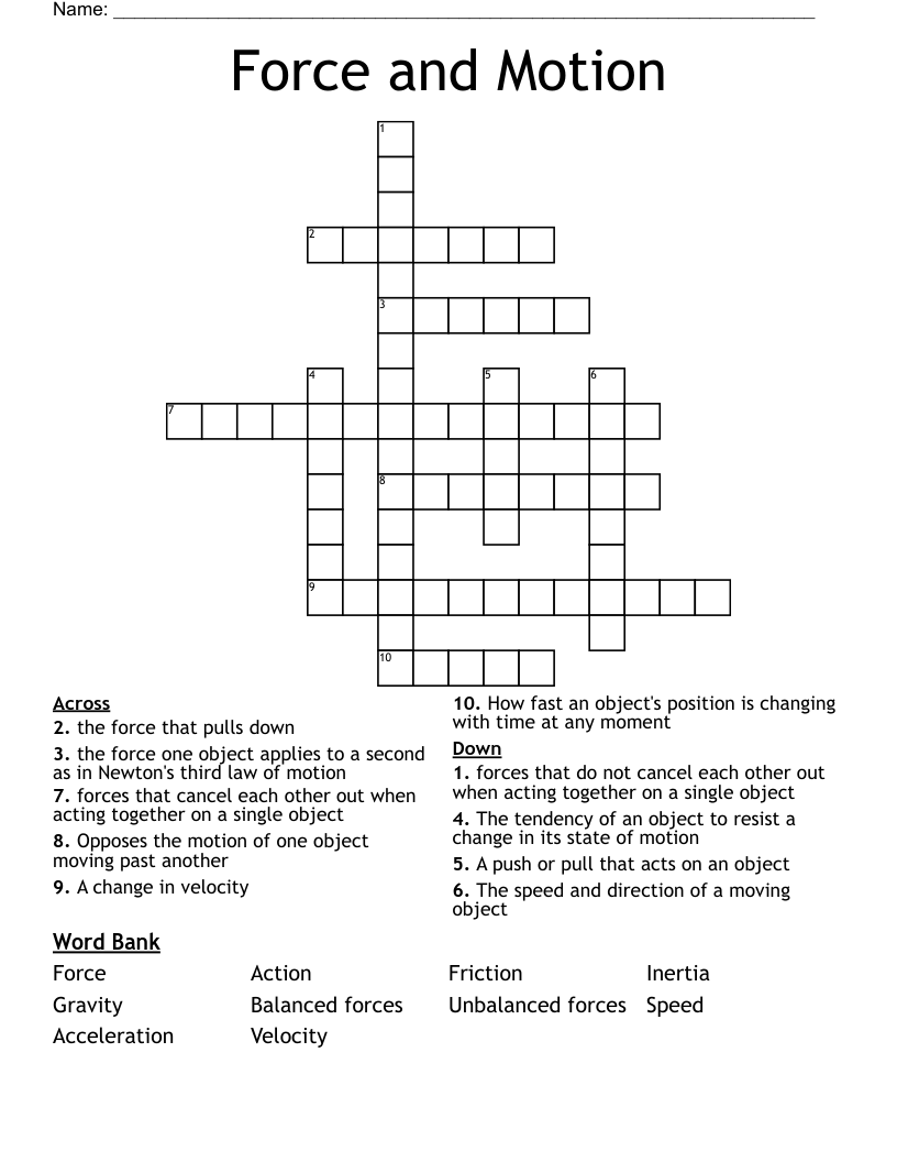 Force and Motion Crossword