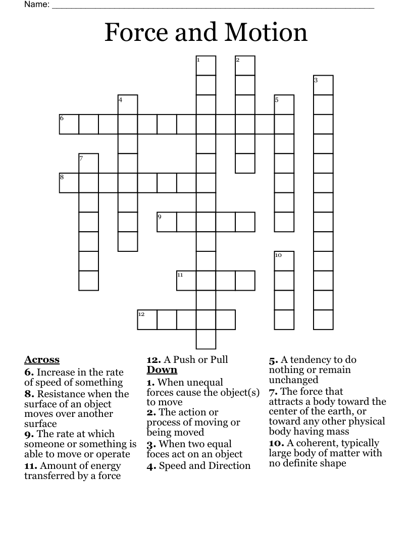 Force and Motion Crossword