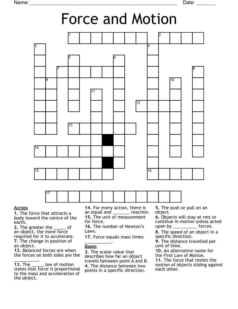 Force and Motion Crossword
