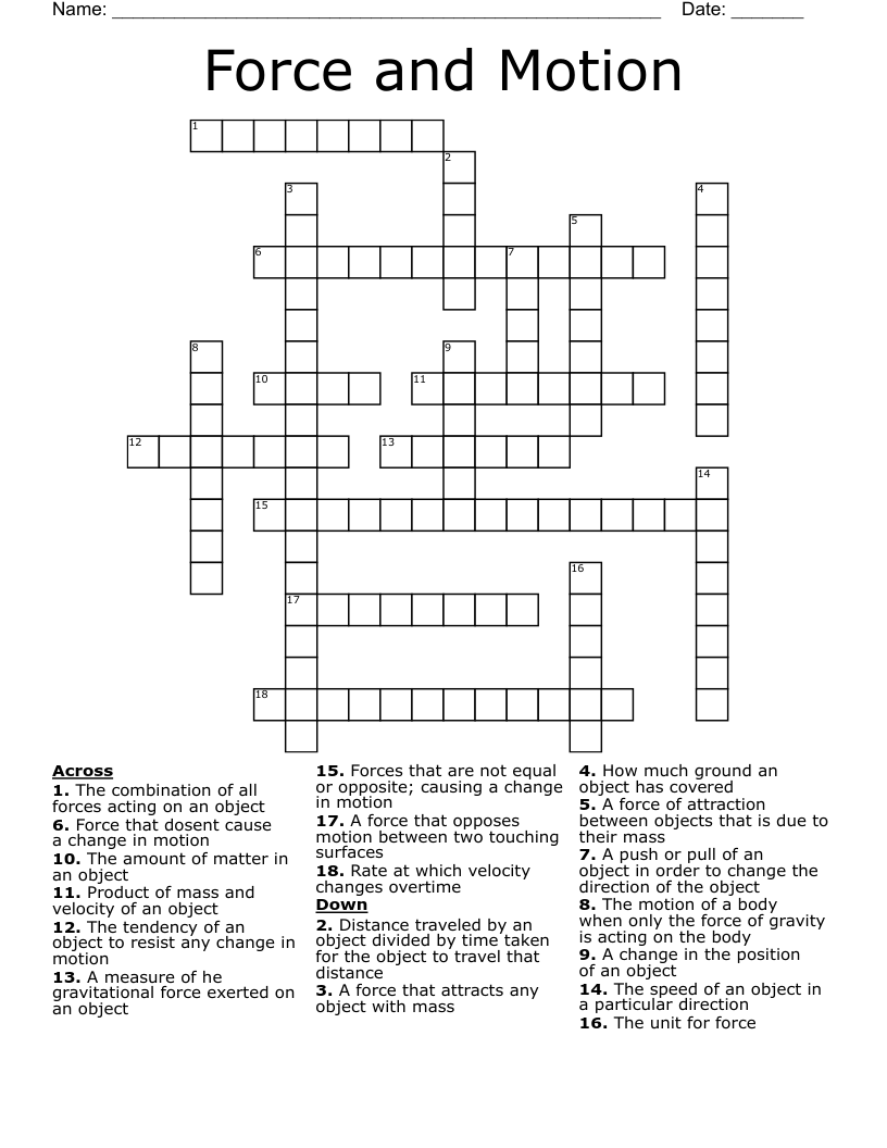 Force and Motion Crossword