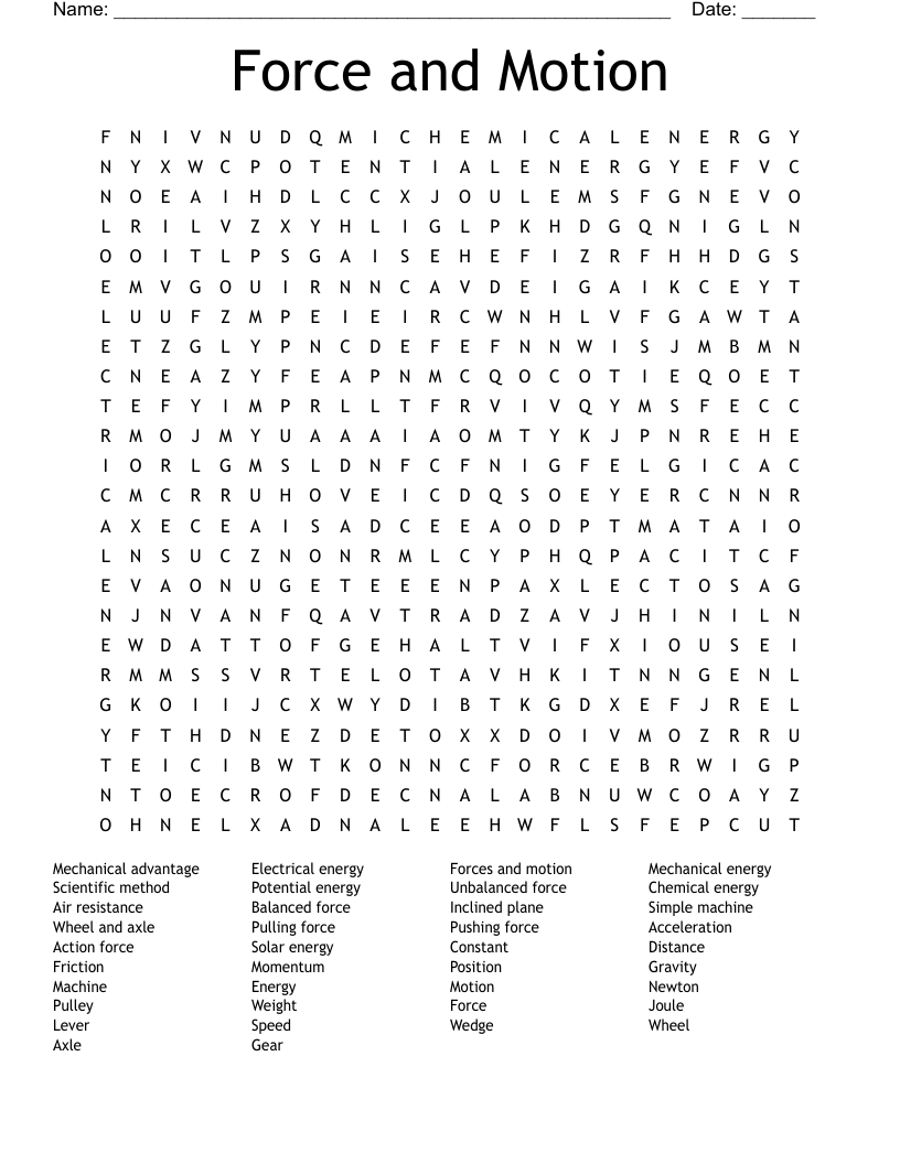 Force and Motion Word Search