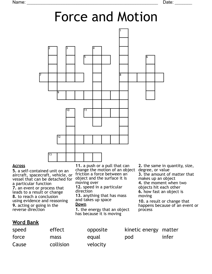Force and Motion Crossword