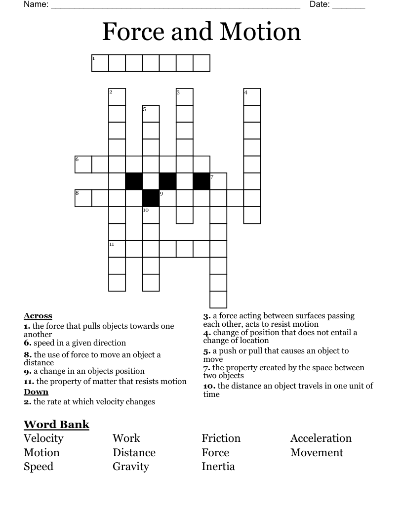 Force and Motion Crossword