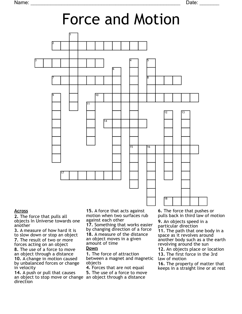 Force and Motion Crossword