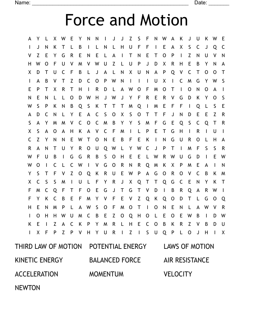 Force and Motion Word Search