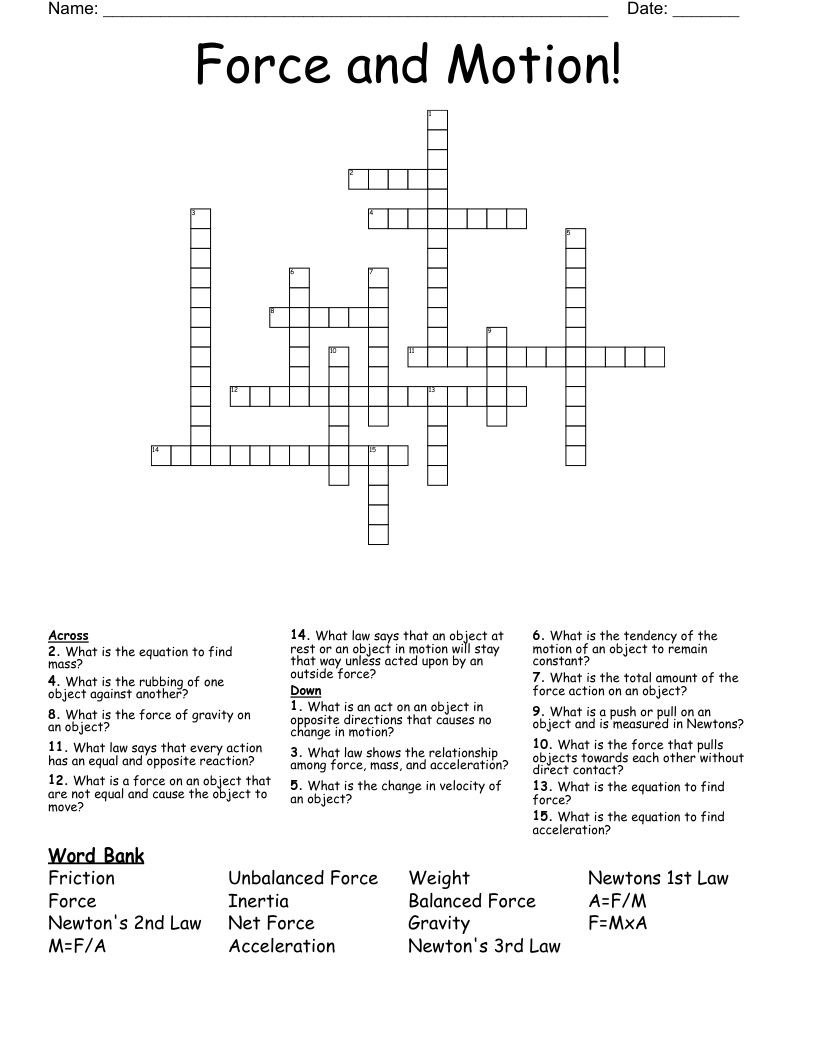 Force and Motion! Crossword