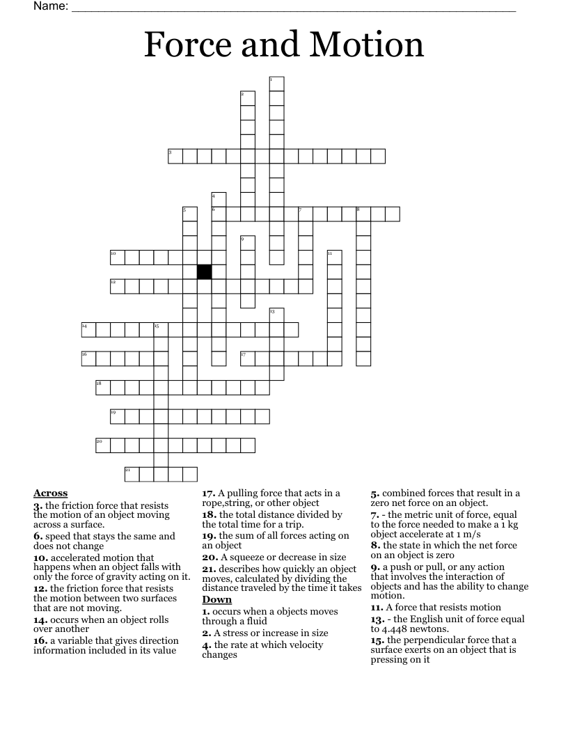 Force and Motion Crossword