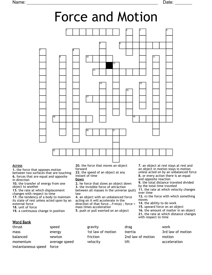 Force and Motion Crossword
