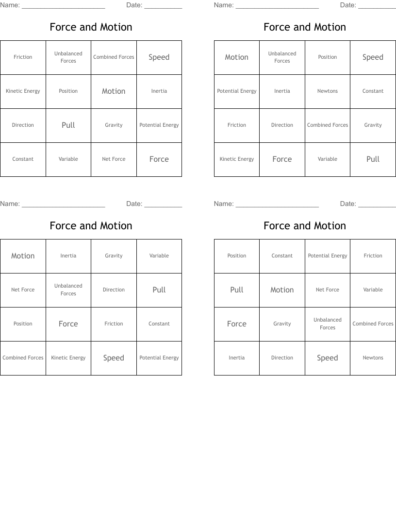 Force and Motion Bingo Cards