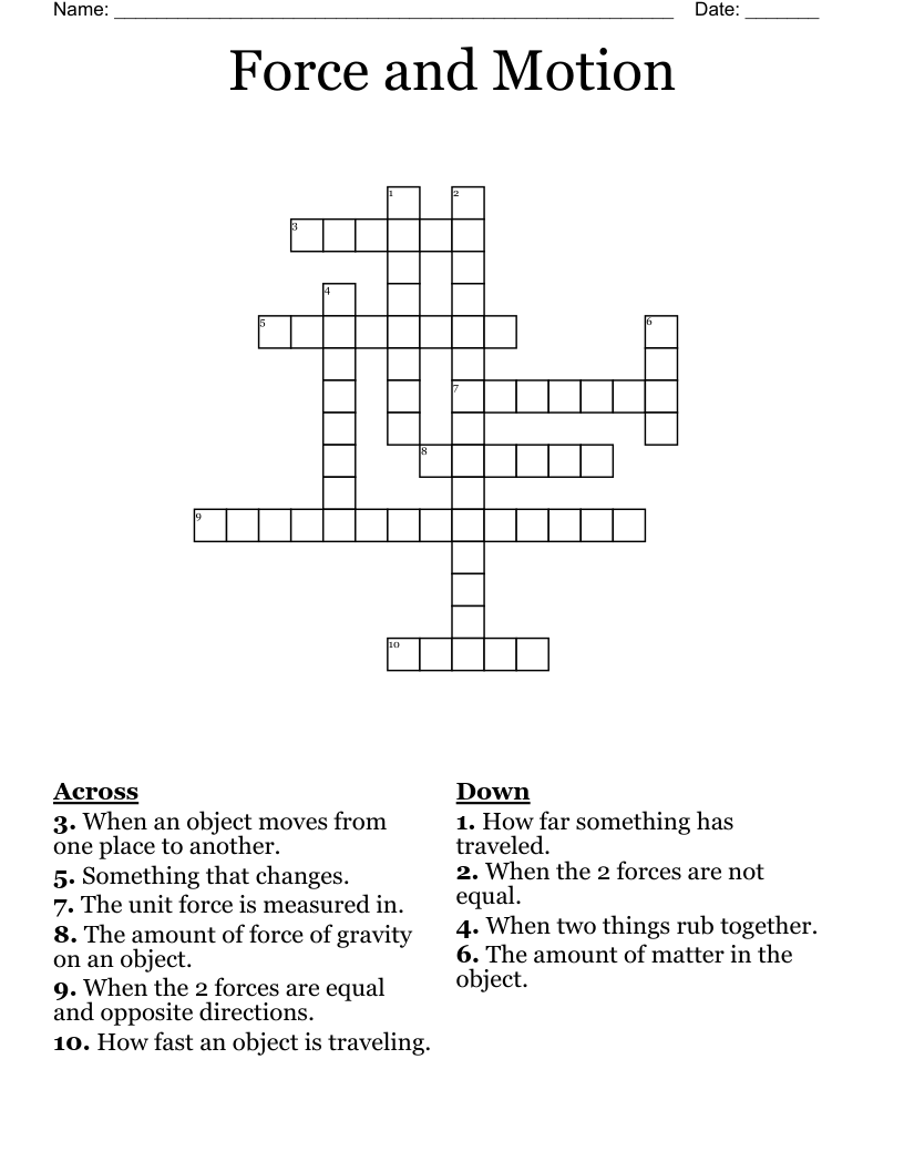 Force and Motion Crossword