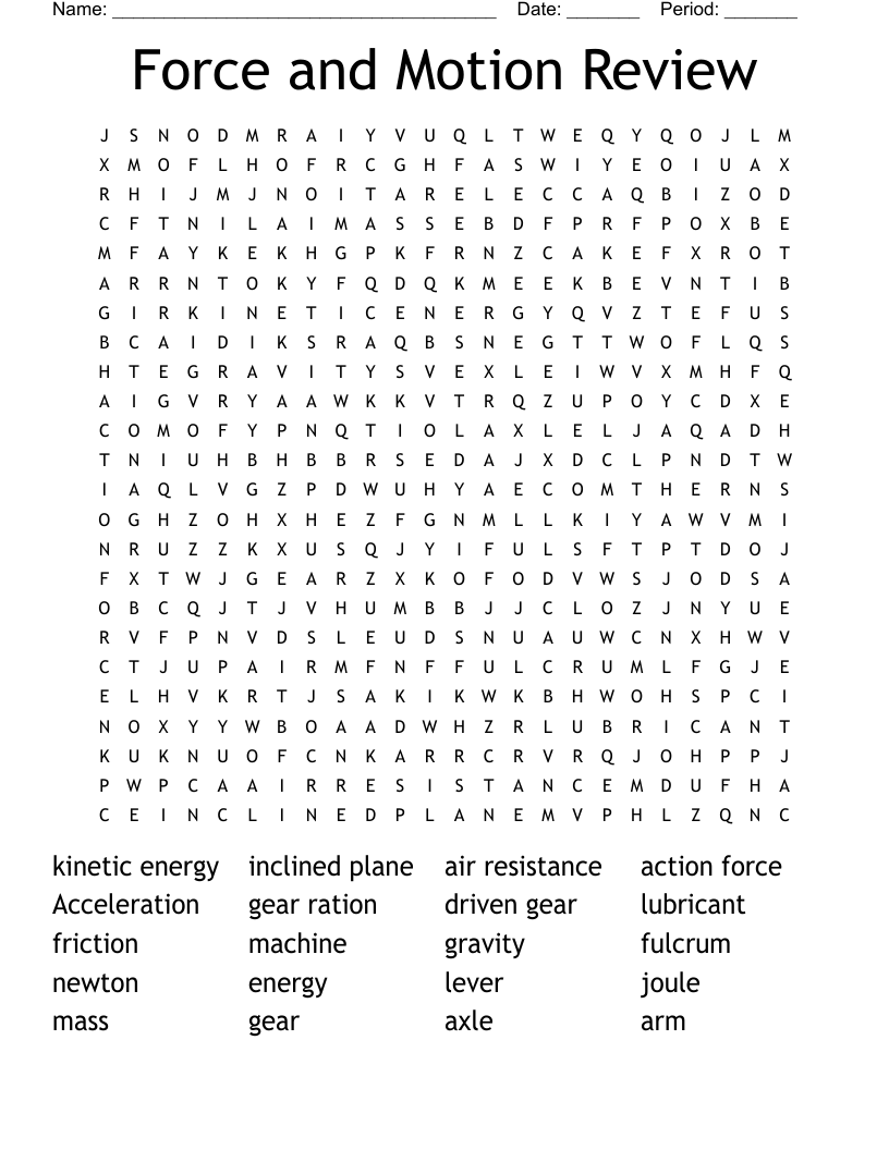 Force and Motion Review Word Search