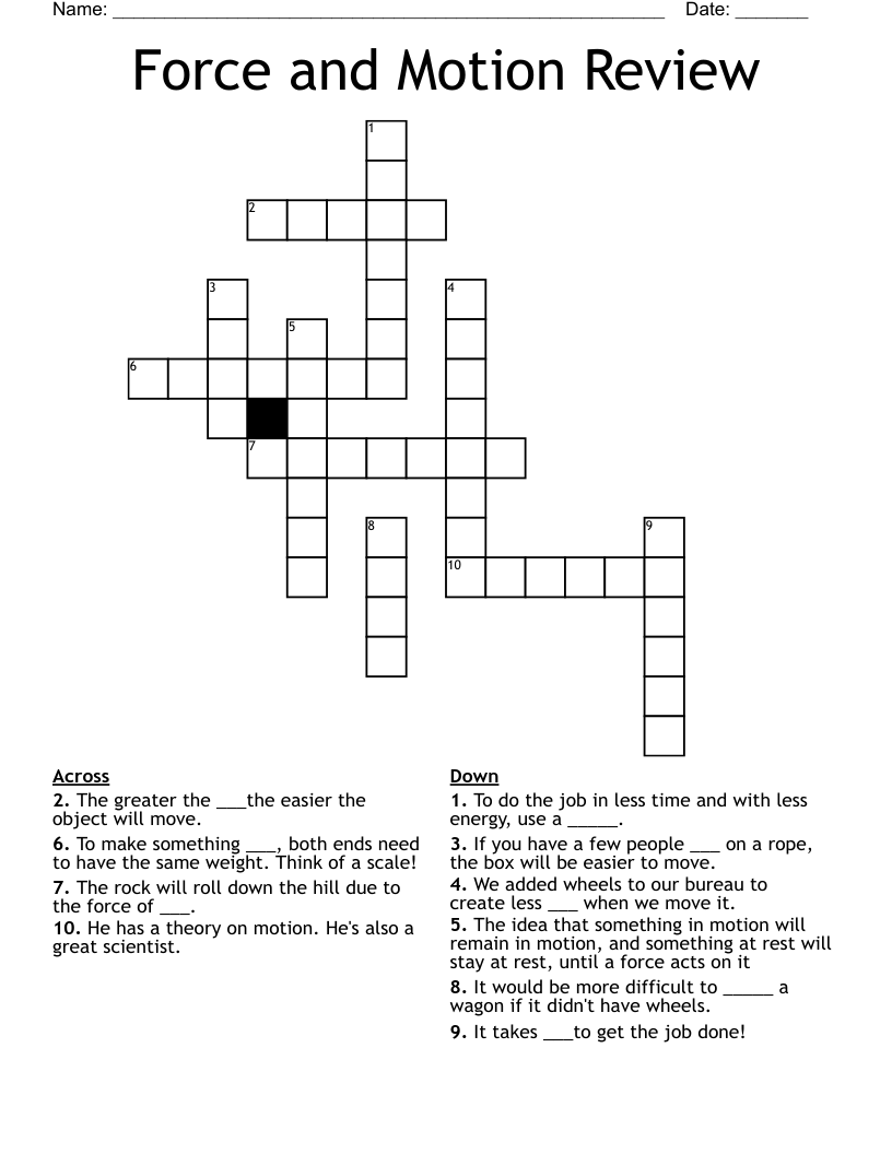 Force and Motion Review Crossword