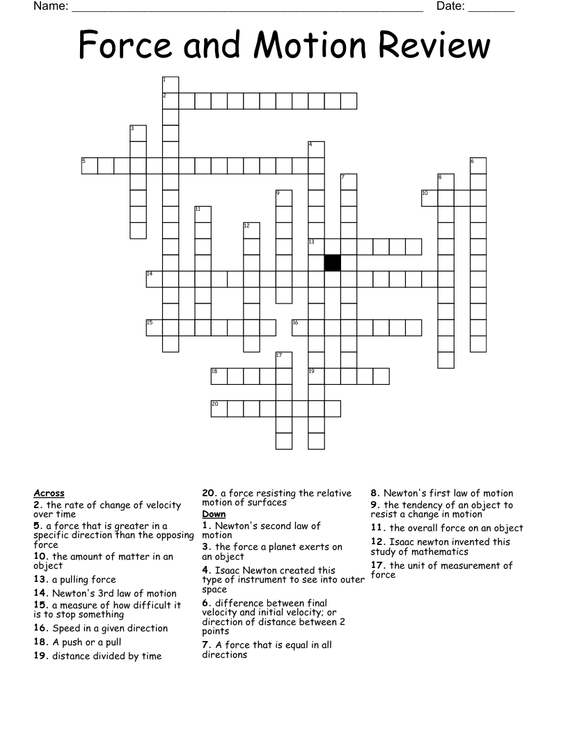 Force and Motion Review Crossword