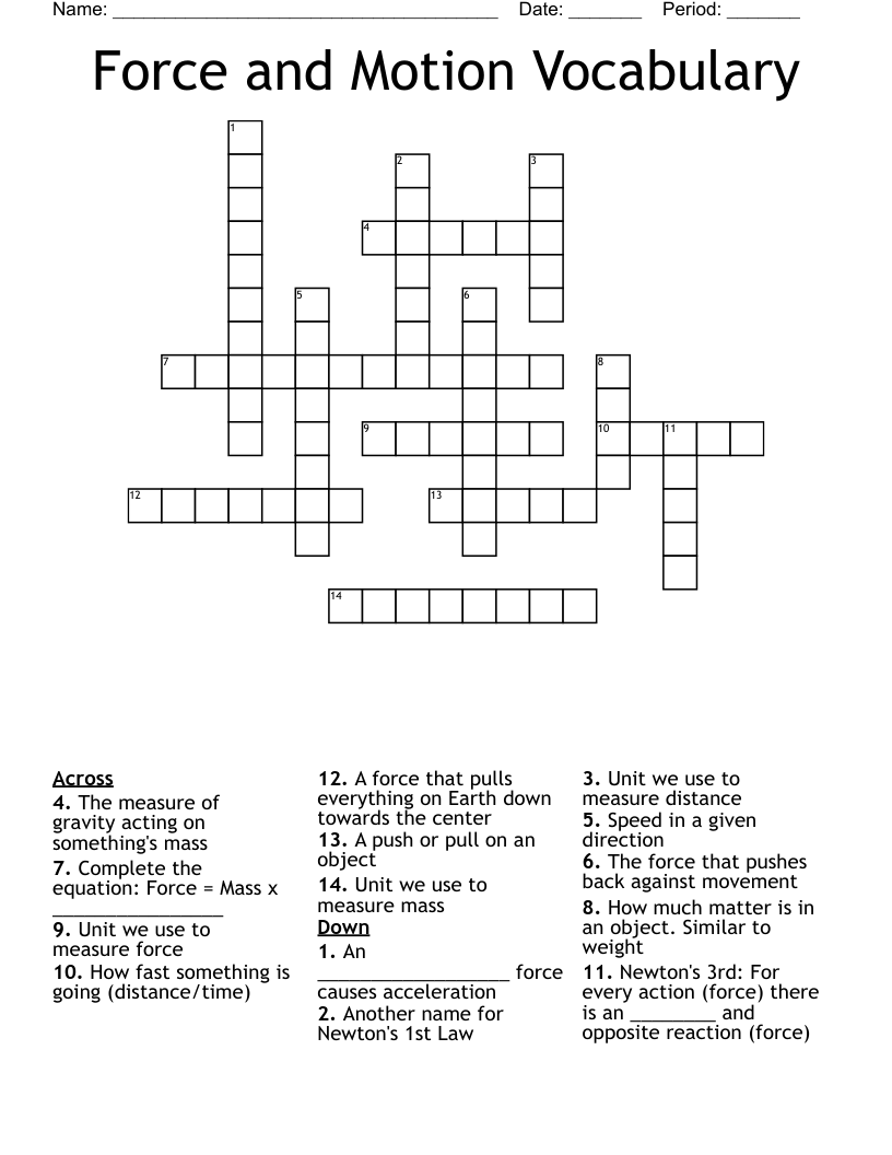 Force and Motion Vocabulary Crossword