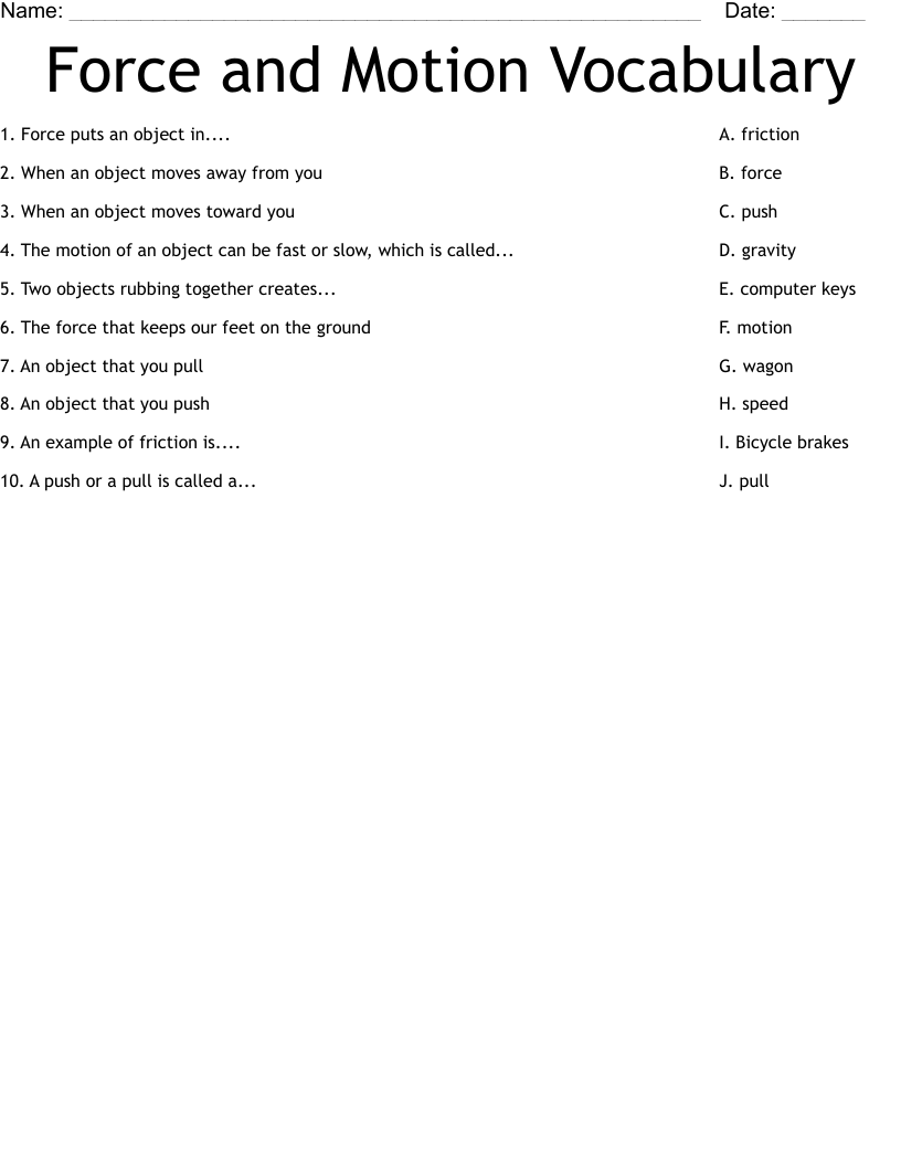 Force and Motion Vocabulary Worksheet